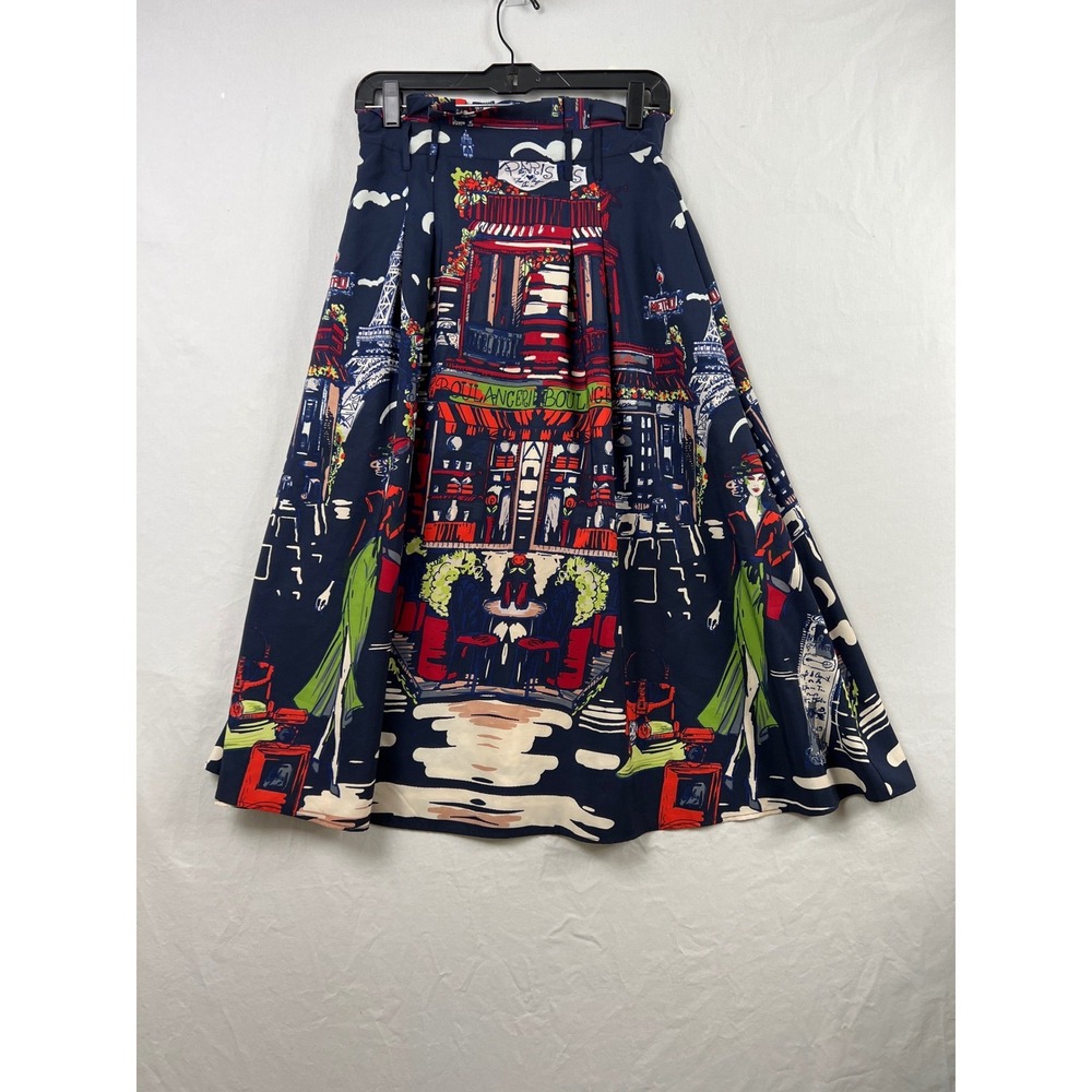 Her Destiny Midi Skirt Women Size Medium Navy Blue Paris Cityscape A-Line Pocket